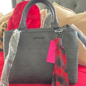 Betsey Johnson Charcoal Skull Embossed Bag with Red Plaid Scarf